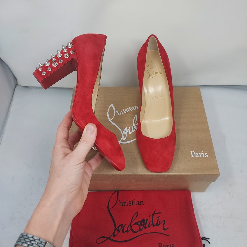 Christian Louboutin Donna Silver Stud Spikes 85 Red Suede Pumps